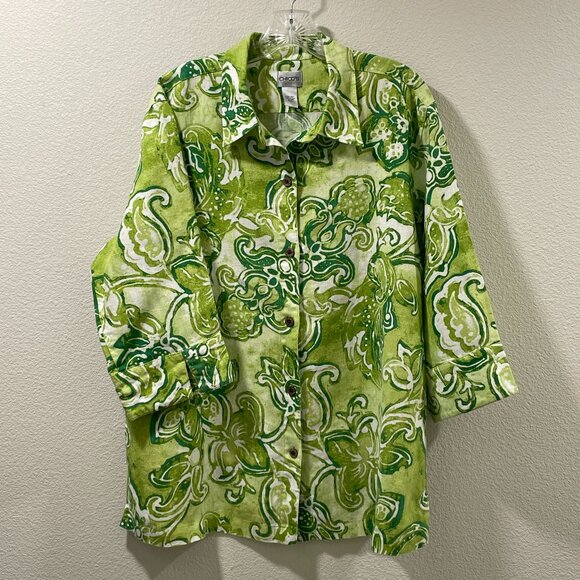CHICO'S (NEW) Woven 3/4 Sleeve Linen Button Front Paisley Blouse, Lime Green- XL - Picture 2 of 9